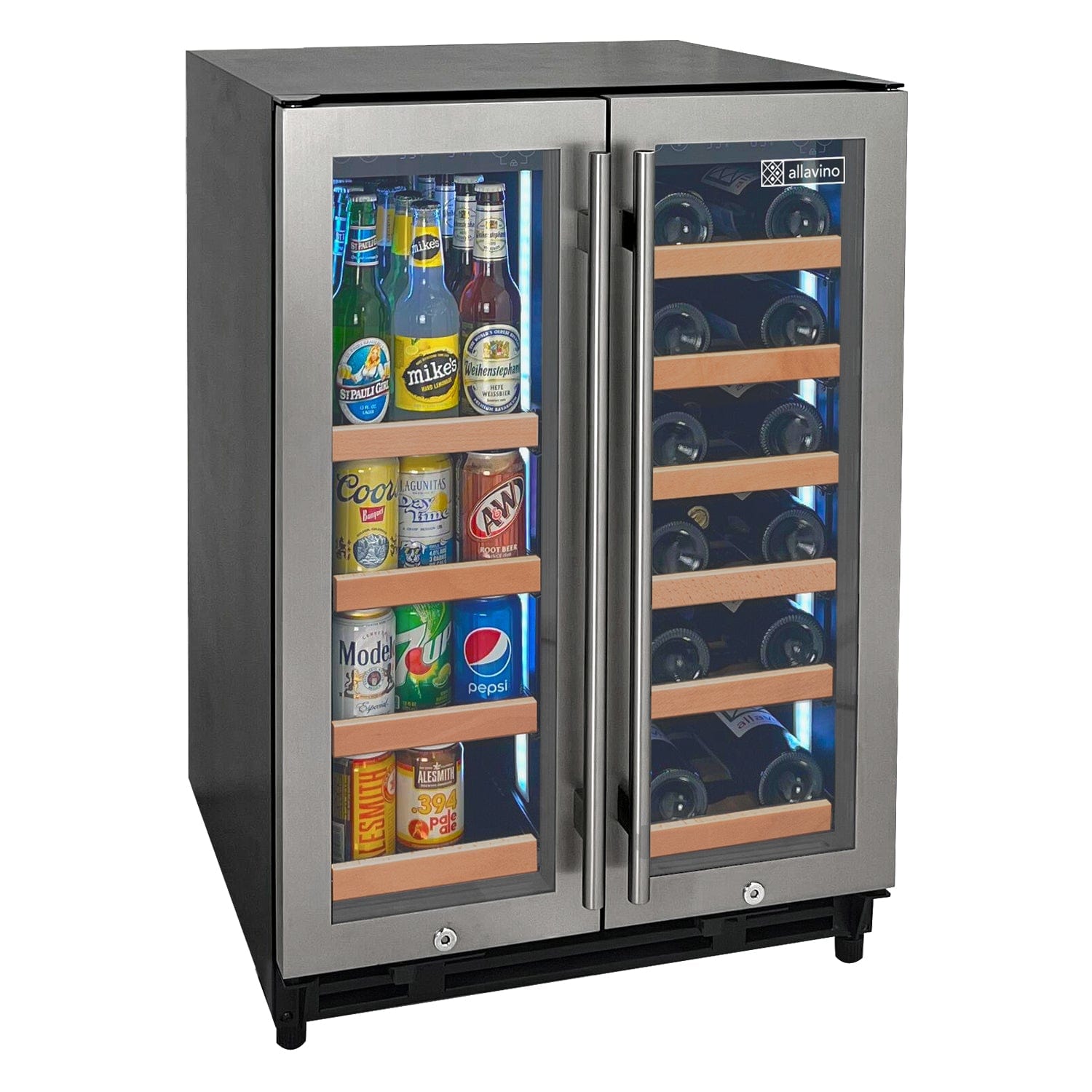 Allavino Residential Silver Reserva Series 24" Wide Two Door Stainless Steel Wine Refrigerator/Beverage Center with Wood Front Shelves