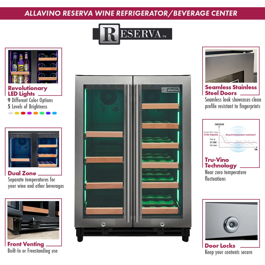 Allavino Residential Silver Reserva Series 24" Wide Two Door Stainless Steel Wine Refrigerator/Beverage Center with Wood Front Shelves