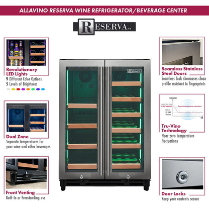 Allavino Residential Silver Reserva Series 24" Wide Two Door Stainless Steel Wine Refrigerator/Beverage Center with Wood Front Shelves