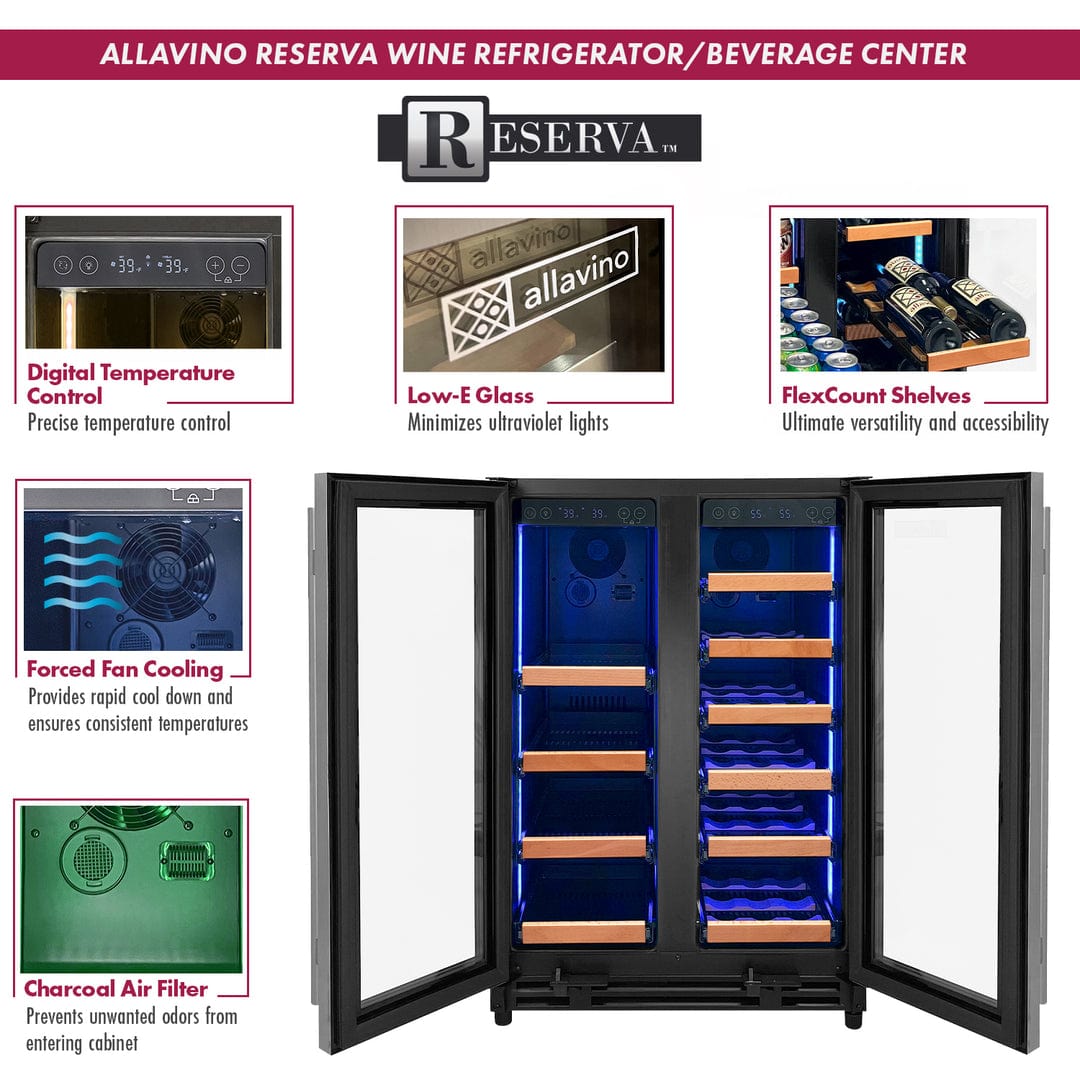 Allavino Residential Silver Reserva Series 24" Wide Two Door Stainless Steel Wine Refrigerator/Beverage Center with Wood Front Shelves