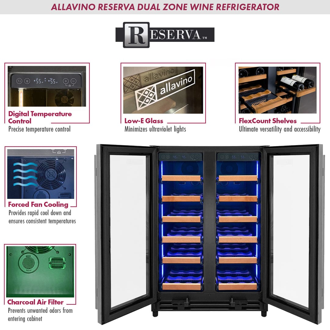 Allavino Residential Silver Reserva Series 36 Bottle Dual Zone Wine Refrigerator with Stainless Steel French Doors