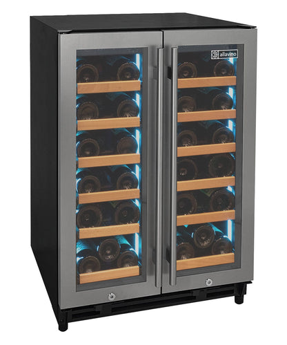 Allavino Residential Silver Reserva Series 36 Bottle Dual Zone Wine Refrigerator with Stainless Steel French Doors