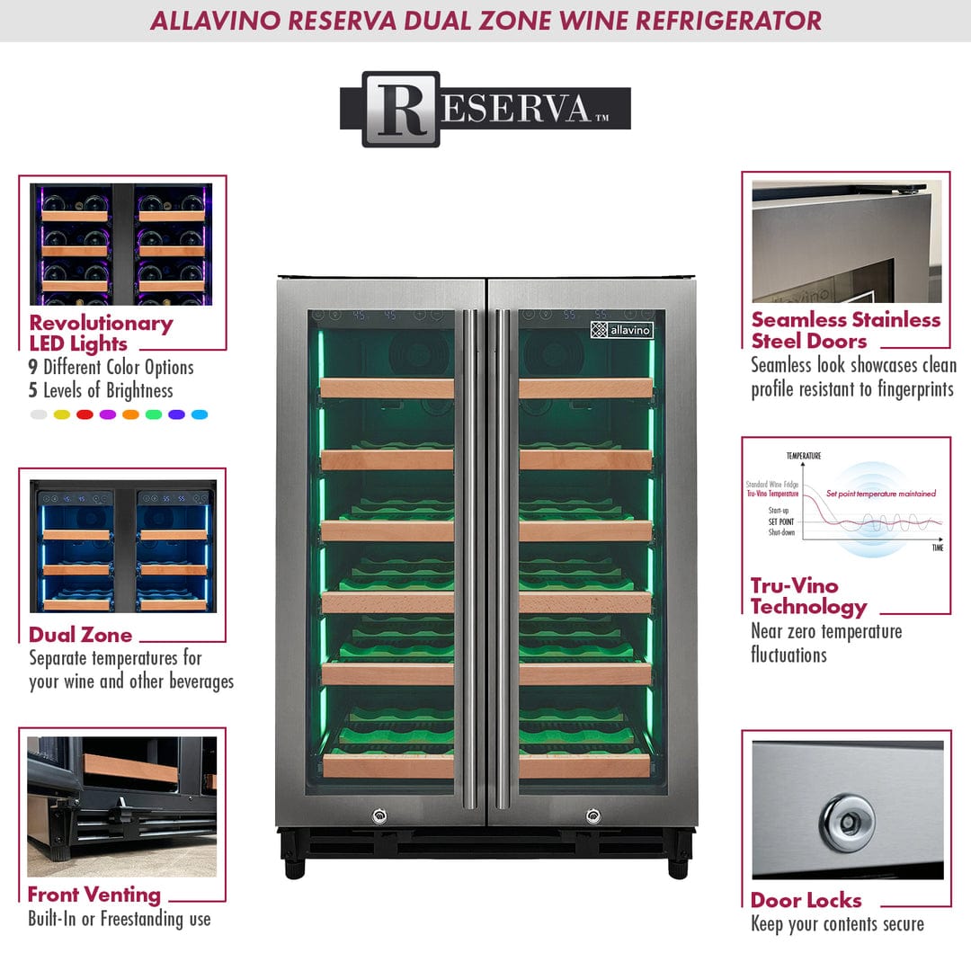 Allavino Residential Silver Reserva Series 36 Bottle Dual Zone Wine Refrigerator with Stainless Steel French Doors