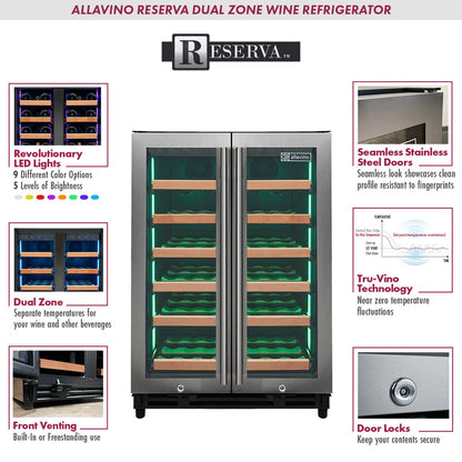 Allavino Residential Silver Reserva Series 36 Bottle Dual Zone Wine Refrigerator with Stainless Steel French Doors
