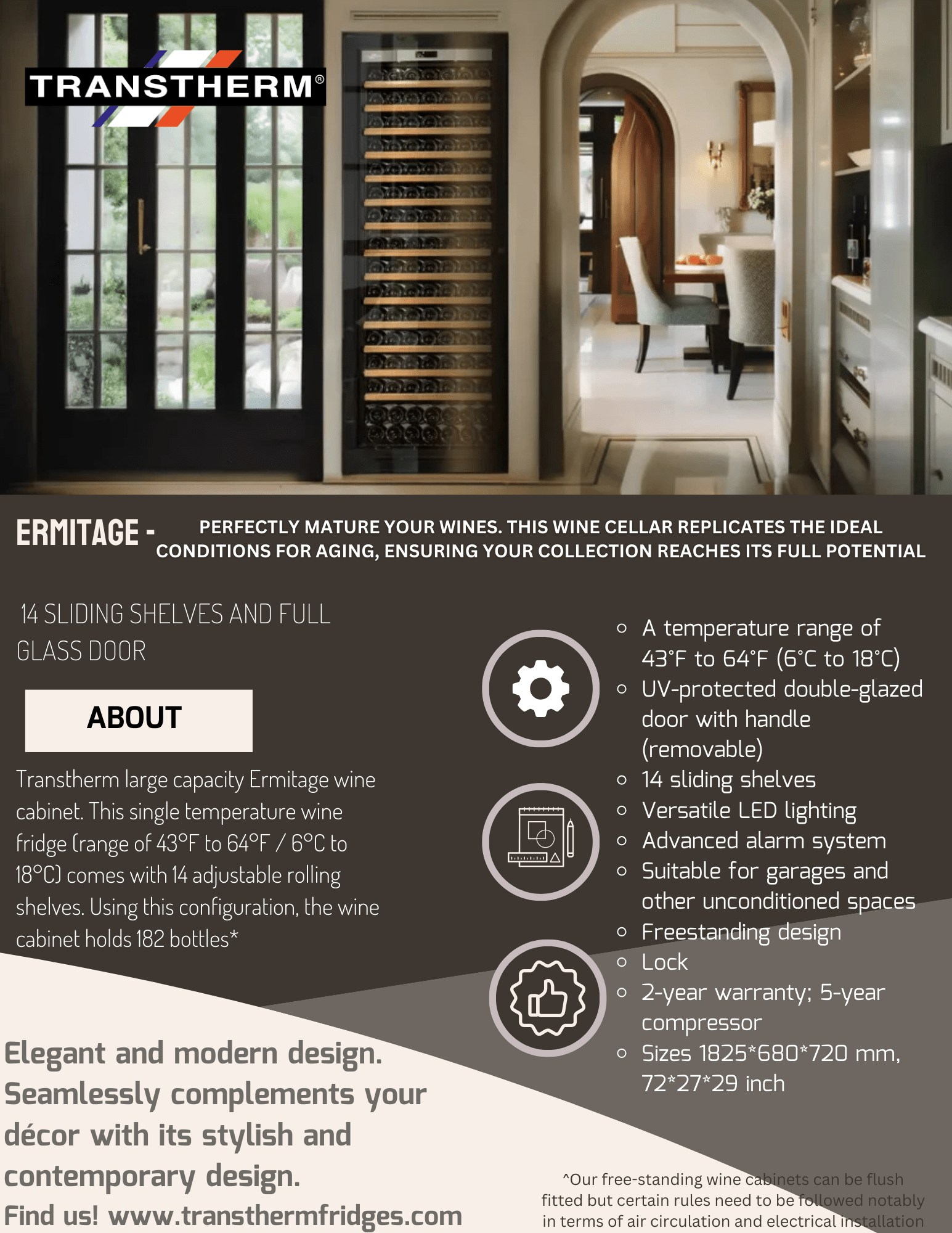 Chilled Wineworks Residential 27" Wide Ermitage Single Zone 182 Bottle Wine Refrigerator Full Glass Door with Black Stainless Steel  ER1TGV3-013-US