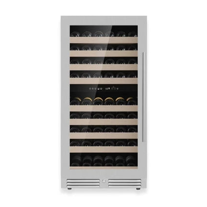 Kingsbottle Residential Dual Zone / Stainless Steel Glass Door / Left Hand Hinge Collector's 99 Bottle 47-Inch Height Single or Dual Zone Wine Fridge with Modern Glass Door