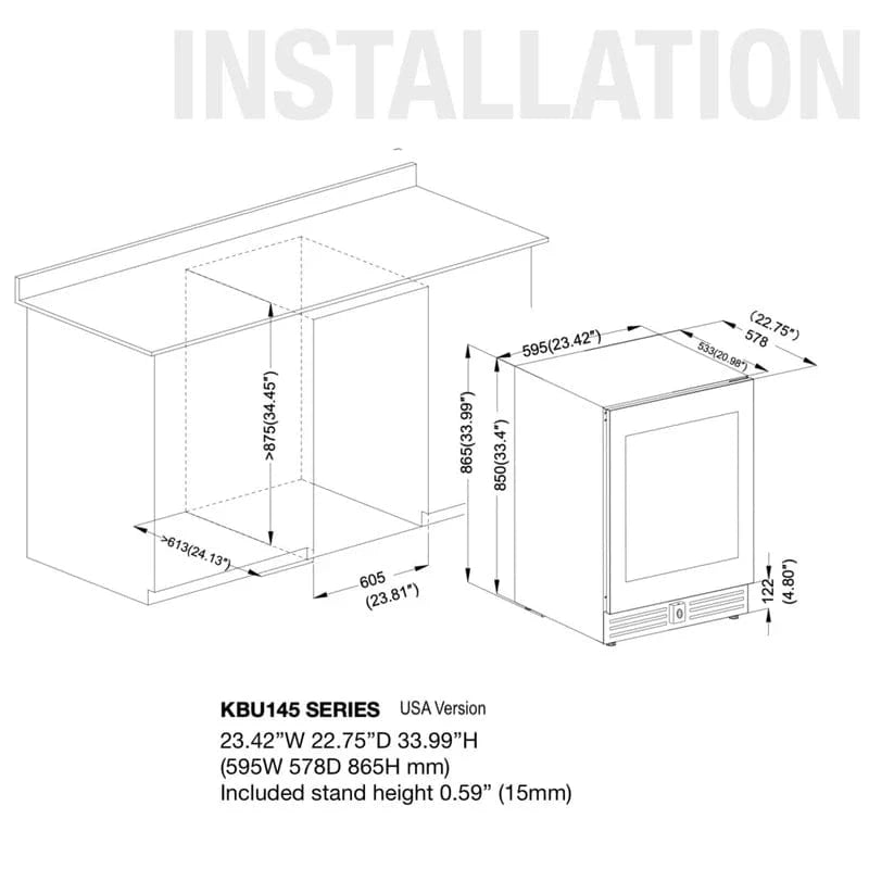 Kingsbottle Residential Quiet 46 Bottle 24 Inch Under-Counter Single or Dual Zone Wine Fridge with Modern Glass Door