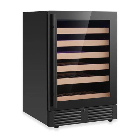 Kingsbottle Residential Single Zone / Black Glass Door / Right Hand Hinge Quiet 46 Bottle 24 Inch Under-Counter Single or Dual Zone Wine Fridge with Modern Glass Door